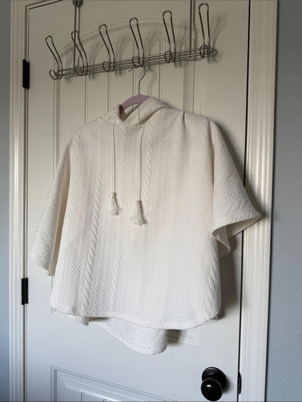 ONE WORLD Cream Hooded Cable-Knit Poncho with Tassels